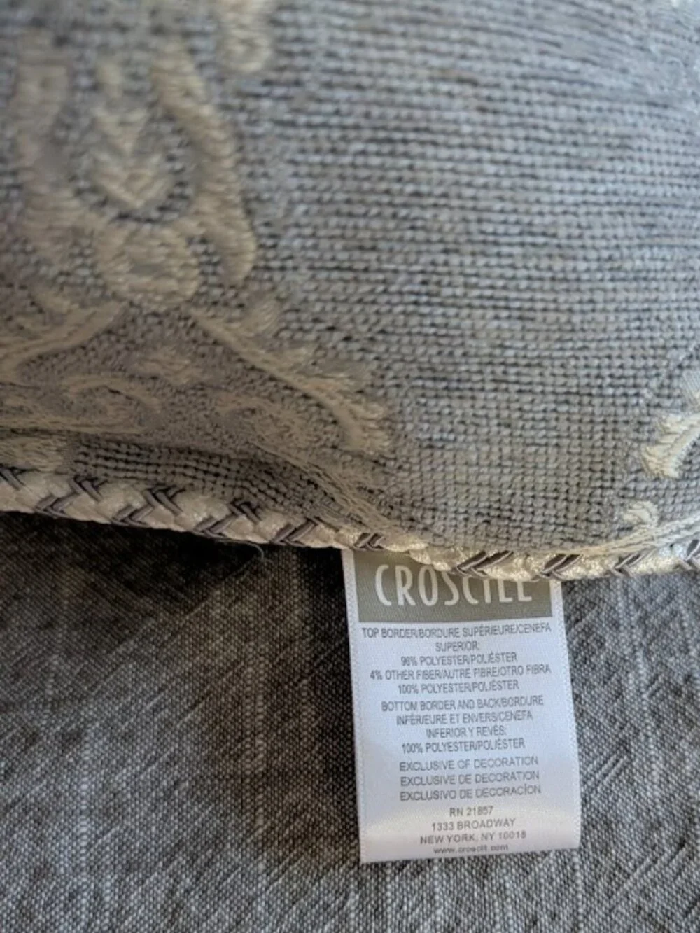 Set of TWO Croscill gray damask fringed cushion decorative pillows